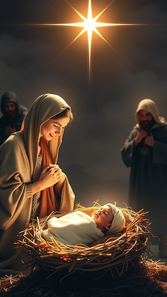 Nativity scene with Mary, Joseph, and baby Jesus in a manger, surrounded by shepherds and wise men under a bright star.